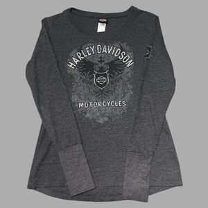 Harley Davidson Women’s Small Gray Long Sleeve Shirt RK Stratman Biker Graphic